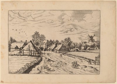 Country Village com Post Mill de Johannes and Lucas van Doetechum after Master of the Small Landscapes
