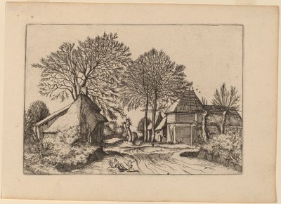 Estrada com celeiro e chalés de Johannes and Lucas van Doetechum after Master of the Small Landscapes