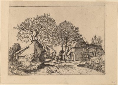 Estrada com celeiro e chalés de Johannes and Lucas van Doetechum after Master of the Small Landscapes