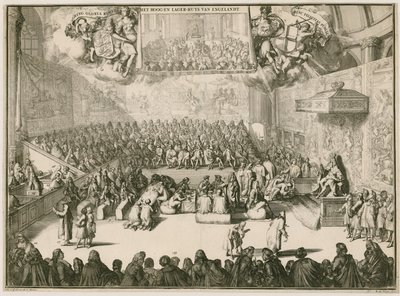 Uma sessão na Câmara dos Comuns com George II no trono de Johannes and Mortier, Cornelis Covens