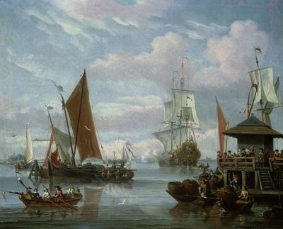Cena de estuário com barcos e pescador de Johannes de Blaauw