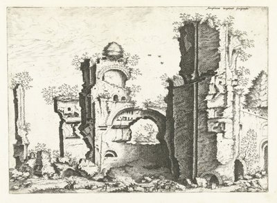 Vista das ruínas, possivelmente os banhos de Caracalla
Ruínas romanas, 1561 (título da série) de Johannes of Lucas van Doetechum (attributed to)