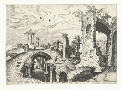 Vista das ruínas do Palatino em Roma
Ruínas romanas, 1561 (título da série) de Johannes of Lucas van Doetechum (attributed to)