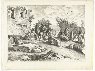 Jardim com fragmentos de estátuas antigas Ruínas romanas, 1561 (título da série) de Johannes of Lucas van Doetechum (attributed to)