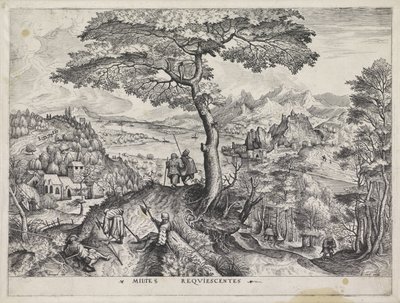 Paisagem com soldados em repouso
Milites Requiescentes (título sobre o objecto)
Grandes paisagens (título da série) de Johannes of Lucas van Doetechum