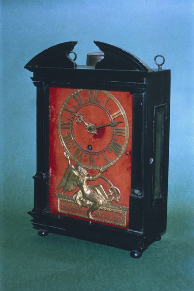 Relógio de pêndulo movido a peso inicial, possivelmente desenhado por Christian Huygens (1629-95) c.1675 (madeira) de Johannes van Ceulen