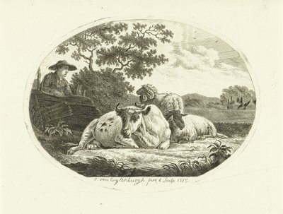 Vaca, ovelha e carneiro na pastagem e agricultor encostado à vedação de Johannes van Cuylenburgh