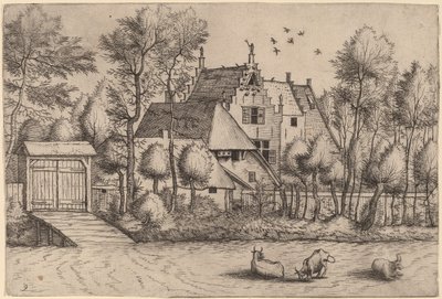 Casa de campo com uma vala de Johannes van Doetechum, the Elder and Lucas