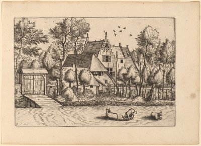 Casa de campo com uma vala de Johannes van Doetechum, the Elder and Lucas