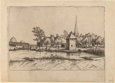 Country Village com Igreja e Ponte de Johannes van Doetechum, the Elder and Lucas