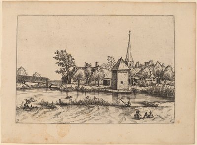 Country Village com Igreja e Ponte de Johannes van Doetechum, the Elder and Lucas