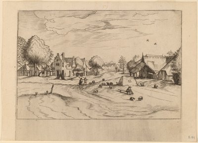 Country Village com ovelhas e pastor sentado de Johannes van Doetechum, the Elder and Lucas