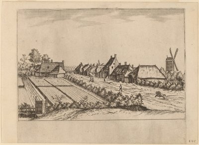Campos e uma estrada de vila com Post Mill de Johannes van Doetechum, the Elder and Lucas