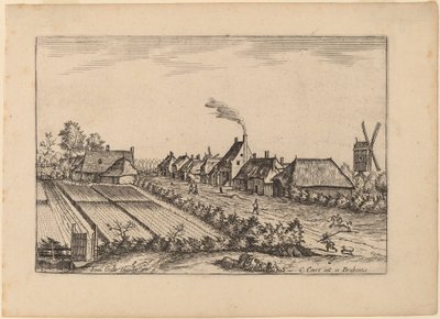 Campos e uma estrada de vila com Post Mill de Johannes van Doetechum, the Elder and Lucas