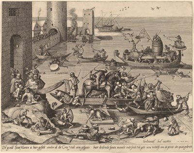 Saint Martin com seu cavalo em um navio de Johannes van Doetechum, the Elder, and Lucas