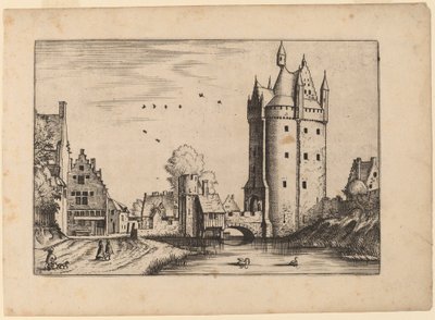 Portão da cidade com casas de campo de Johannes van Doetechum, the Elder and Lucas