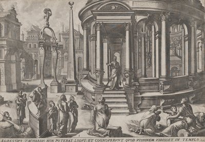 Zacharias saindo do Templo, da série Eventos dentro e ao redor do Templo,..., ca. 1572. Os Criadores: Johannes van Doetecum I, Lucas van Doetecum. de Johannes and Lucas van Doetecum