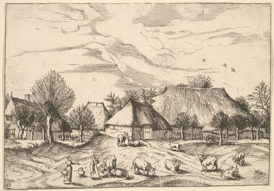 Fazendas, gado com pastores e leiteiras em primeiro plano de Multifariarum casularu..., 1559-61. de Johannes van Doetecum I