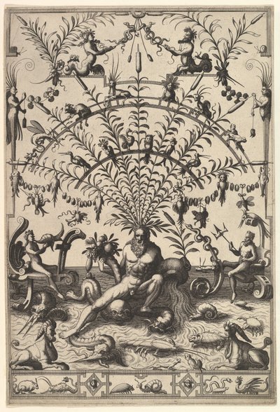 Decoração moderna Grotesca com um Deus do Rio, 1557. de Johannes van Doetecum I