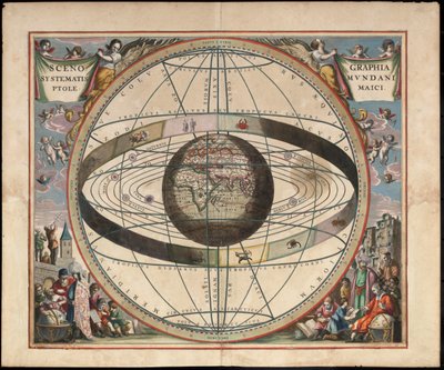 Cenografia da cosmografia ptolomaica De Andreas Cellarius Harmonia Macrocosmica, c. 1660 de Johannes van Loon