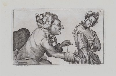 Ein Mann näht ein Mädchen in ein Korsett (Gravur) von John  Collier