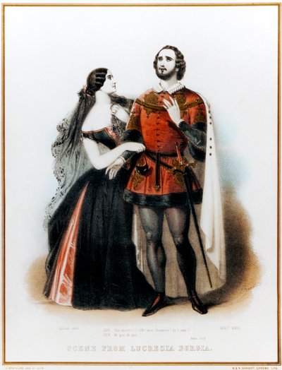 Ópera de Gaetano Donizetti Lucrezia Borgia - Introdução à Cena II com Mario (tenor italiano: 1810-1883) e Grisi (1811-1869) em Londres, produção teatral HM, 6 de Junho de 1839 de John (after) Brandard