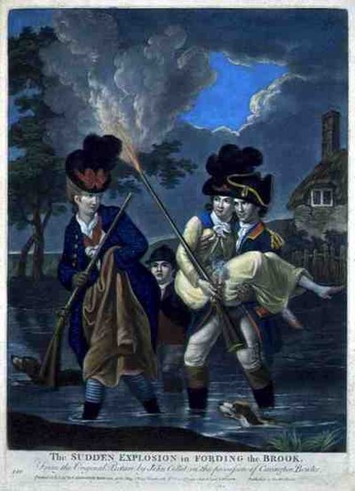 A Sudden Explosion in Fording the Brook, pub. by Carington Bowles (fl.1744-93) (gravura mezzotint) de John (after) Collet