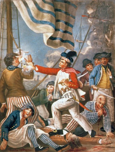 John Paul Jones atirando em um marinheiro que tentou acertar suas cores em um noivado, pub. por Carrington Bowles de John (after) Collet