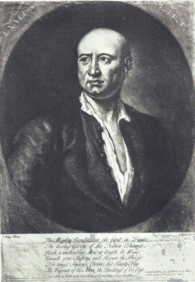 James Figg, primeiro campeão inglês de boxe descalço, morreu em 1734 (gravura) de John (after) Ellys