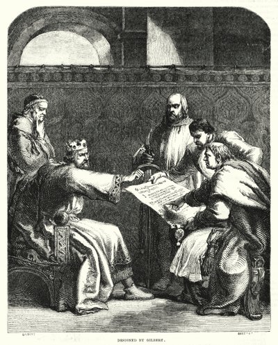 Rei João recusando-se a assinar a Magna Charta em Oxford, em 1215 (gravura) de John (after) Gilbert