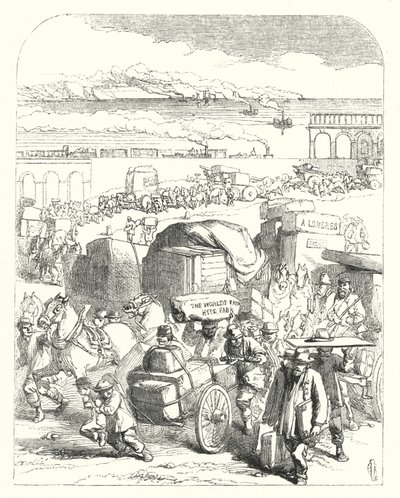 Navios e trens trazendo visitantes para a Grande Exposição de 1851, Crystal Palace, Hyde Park, Londres (gravura) de John (after) Gilbert