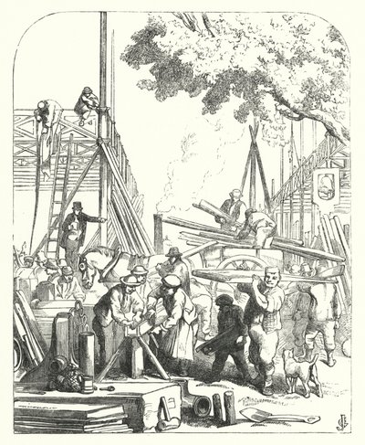 Trabalhadores no local do Palácio de Cristal, Hyde Park, Londres, local da Grande Exposição de 1851 (gravura) de John (after) Gilbert