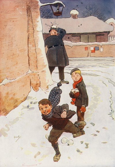 Agente da polícia atingido por uma bola de neve (litografia a cores) de John (after) Hassall