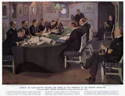 Almirante Sir David Beatty lendo os termos do armistício aos Delegados Alemães, antecabina HMS Rainha Elizabeth, Rosyth de John (after) Lavery