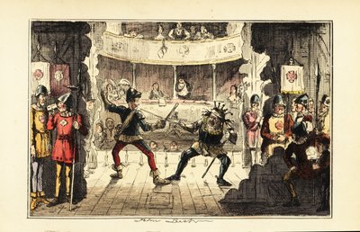 Atores interpretando Henry Tudor lutando com o Rei Ricardo III da Inglaterra no palco de um teatro de John (after) Leech