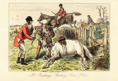 Cavalheiro inglês com o seu cavalo caído durante uma caça à raposa de John (after) Leech