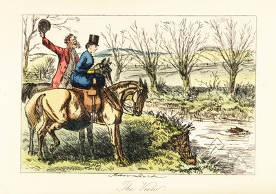 Caçador e senhora inglesa a ver uma raposa a nadar num rio de John (after) Leech
