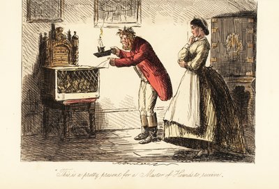 Caçador inglês a caçar rosas e botas a examinar uma raposa numa gaiola à luz de velas de John (after) Leech