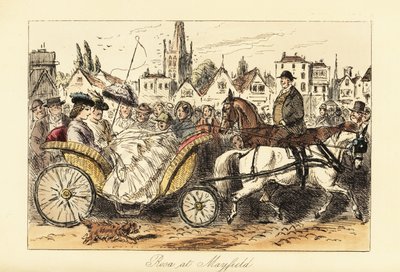 Mulher inglesa de vestido de crinolina com guarda-sol a conduzir um carro de cestos puxado por pónei pelas ruas movimentadas de uma pequena cidade de John (after) Leech
