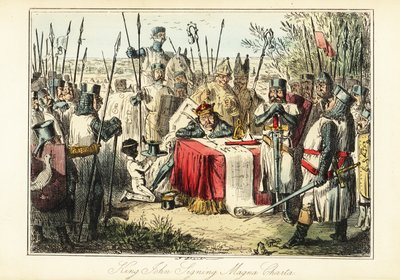 Rei João rodeado de barões e bispos assinando a Carta Magna em Runnymede de John (after) Leech