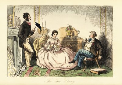 Senhora em vestido de crinolina com dois cavalheiros que telefonam numa sala de estar. de John (after) Leech