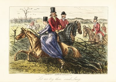 Senhora cavalgando de lado num cavalo preso numa cerca durante uma caça à raposa de John (after) Leech