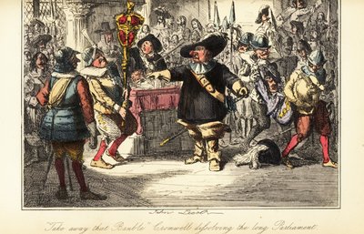 Oliver Cromwell retirando o maça da Câmara dos Comuns e dissolvendo o Parlamento da alcatra em 1653 de John (after) Leech