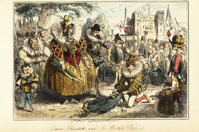 Sir Walter Raleigh a colocar a sua capa sobre uma poça para a Rainha Elizabeth I em Greenwich. de John (after) Leech