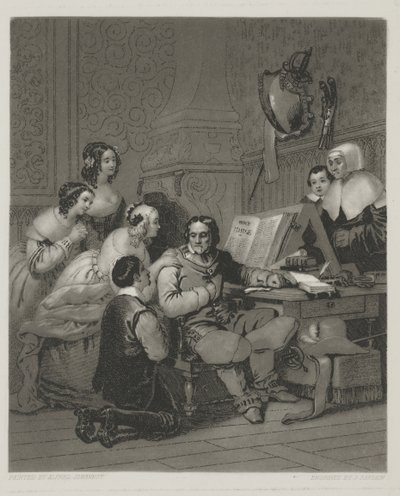 A Família de Cromwell Intercedendo pela Vida de Carlos I, impressão feita por Alfred Johannot (mezzotint) de John (after) Sartain