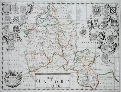 Mapa de Oxfordshire, gravado e colorido à mão por John Oliver e Richard Palmer, publicado por Philip Lea, c.1690 (gravação a cores) de John (after) Sellar