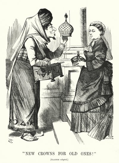 Soco cartoon: Coroas Novas para os Antigos. Benjamin Disraeli (como Aladino) com a Rainha Victoria - o Royal Titles Act 1876 reconhecendo a Rainha como Imperatriz da Índia (gravura) de John (after) Tenniel