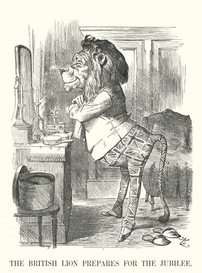 Soco cartoon: O Leão Britânico Prepara-se para o Jubileu - O Jubileu de Ouro da Rainha Vitória de John (after) Tenniel