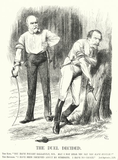 Soco cartoon: O Duelo decidiu - a derrota da França na Guerra Franco-Prussiana (gravura) de John (after) Tenniel