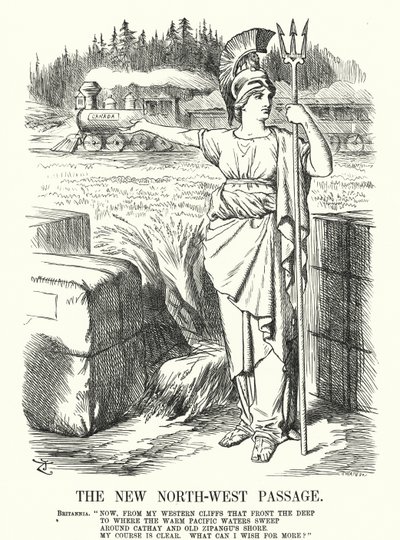 Soco cartoon: A Nova Passagem do Noroeste - a Ferrovia Canadense do Pacífico (gravura) de John (after) Tenniel